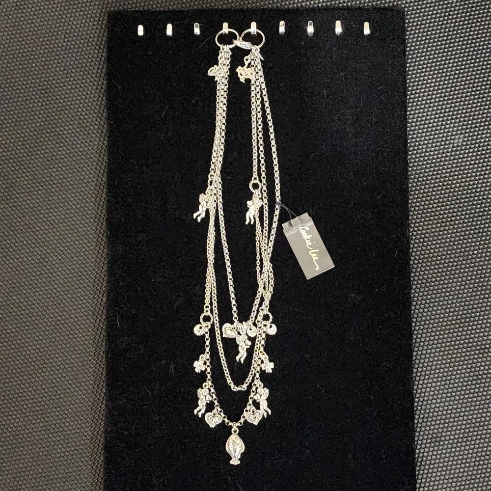 Cookie Lee Silver 3 Strand Layered Angel Heart and Crosses Necklace #25706 NWT